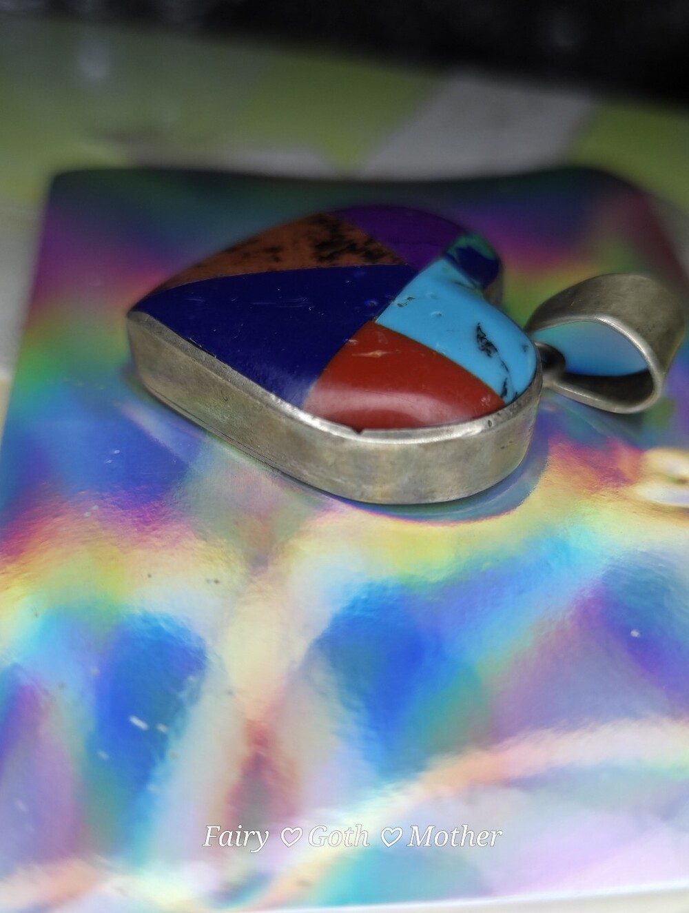 VTG Taxco Mexico 925 Sterling Silver Multi Stone Inlay Patchwork Heart Pendant - Picture 5 of 12